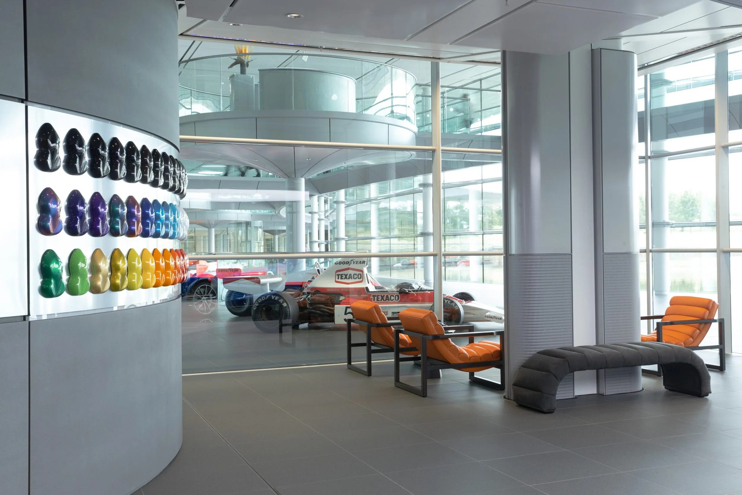 Stuart Scott Furniture's collaboration funiture sits alongside McLAren rce cars in their Technology Centre