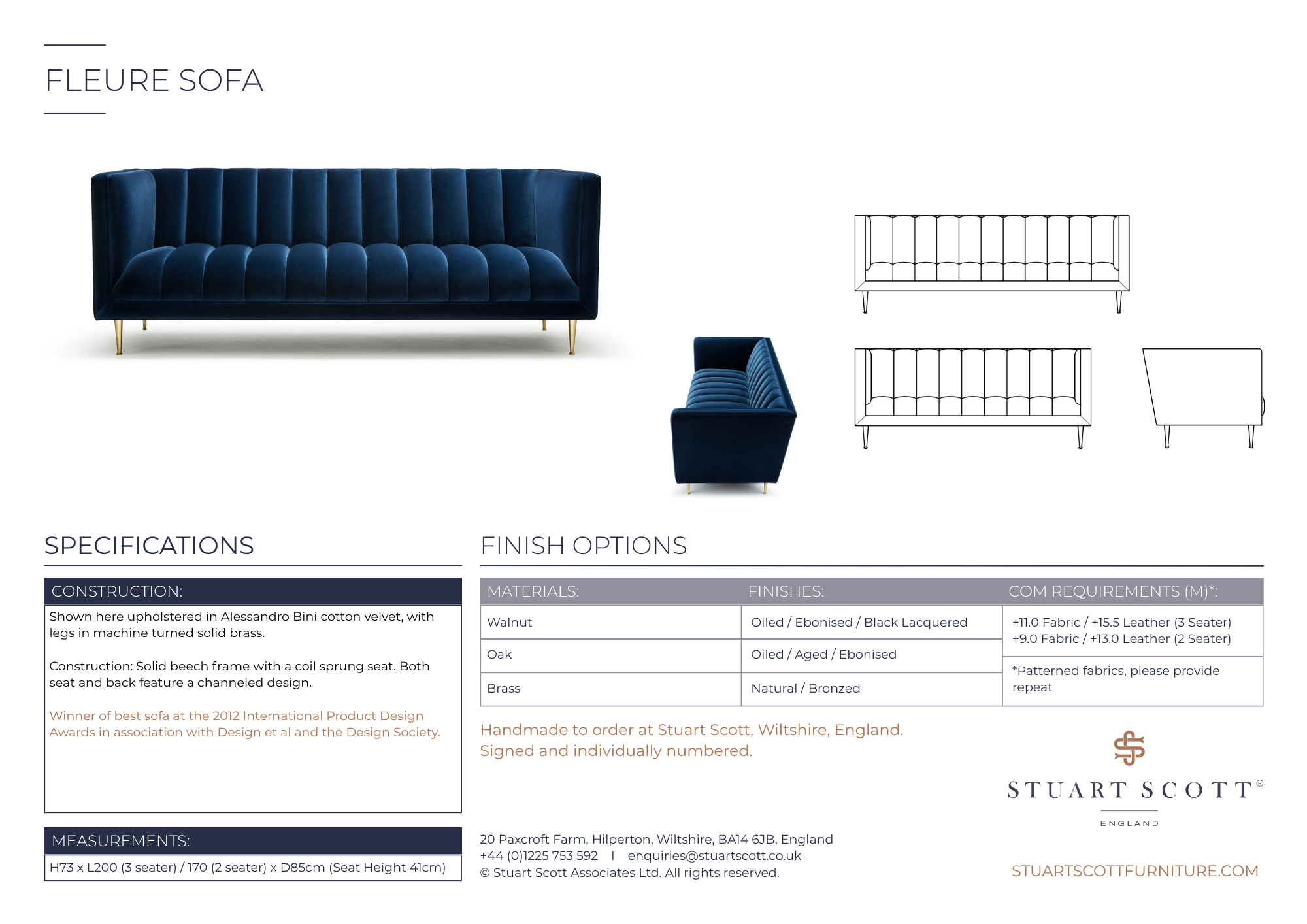 Design sheet for the Fleure sofa showing different views and construction details.