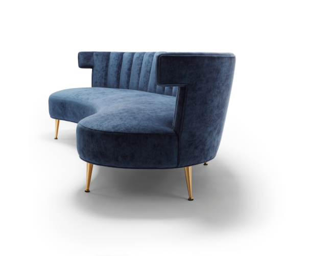 A stylish, blue velvet sofa with gold tapered legs and a high backrest, positioned against a white background.