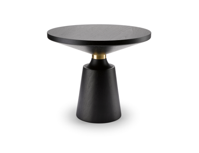 Black modern side table with a round top and conical base with gold accent.