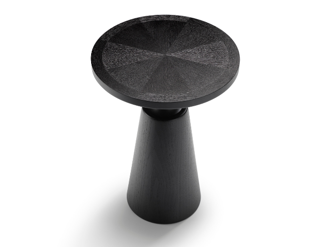Black wooden side table with round top and conical base