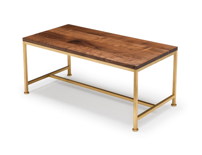 A wooden table with a rectangular top and metal legs on a white background.