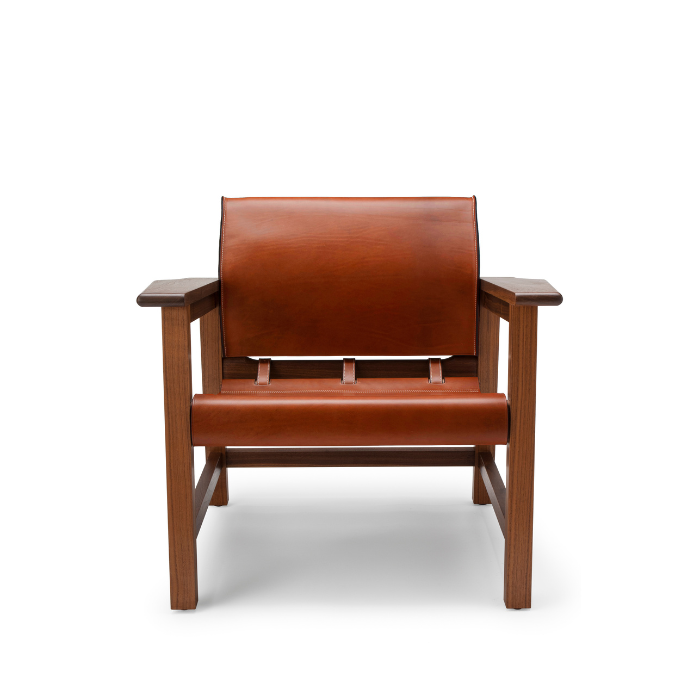 Wooden chair with brown leather upholstery on the seat, backrest, and armrests.