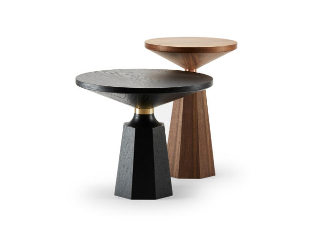 Two modern wooden side tables, one black with a gold accent, and one natural wood finish, positioned against a white background.