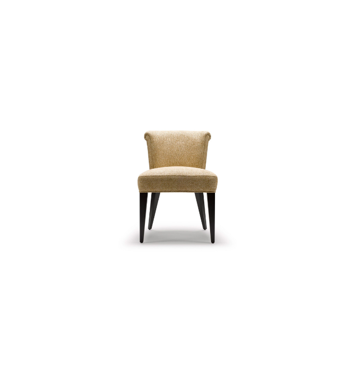 A beige upholstered armchair with dark wooden legs on a white background.