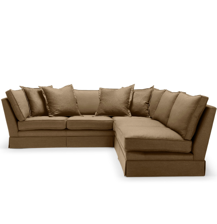 Brown sectional sofa with six matching pillows
