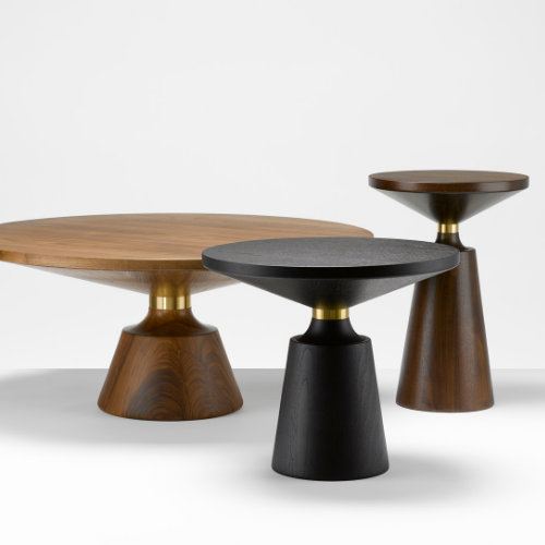 Three modern wooden side tables with conical bases and rounded tops, one in light wood, one in dark wood, and one in dark gray, set against a plain white background.