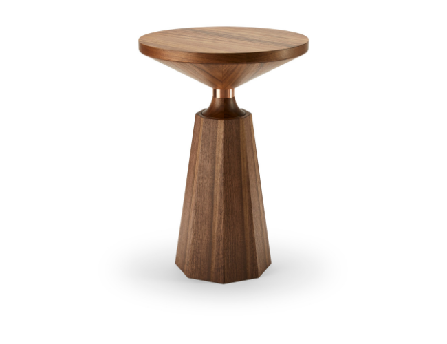 Wooden side table with round top and tapered base.