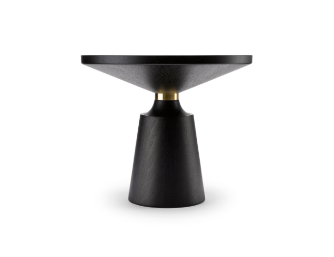A black, modern side table with a wide, flat top and a conical base, accented with a small gold band.
