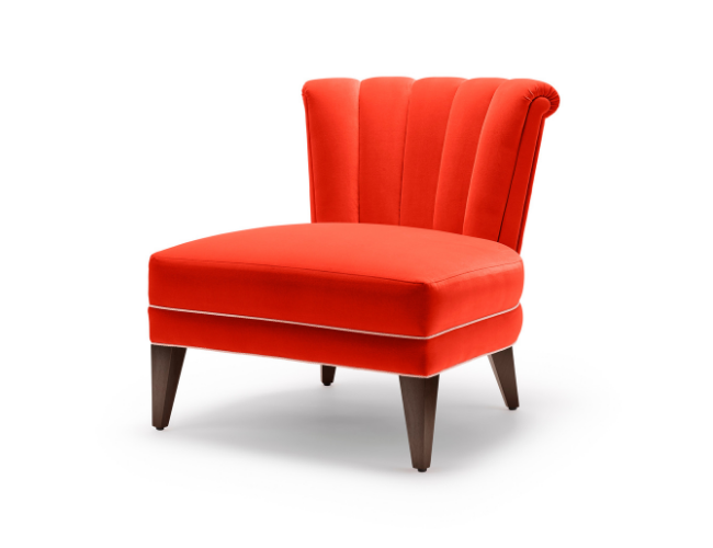 Isabella Occasional Chair shown here with black legs and upholstered in Dedar Piment cotton velvet. View from front side.