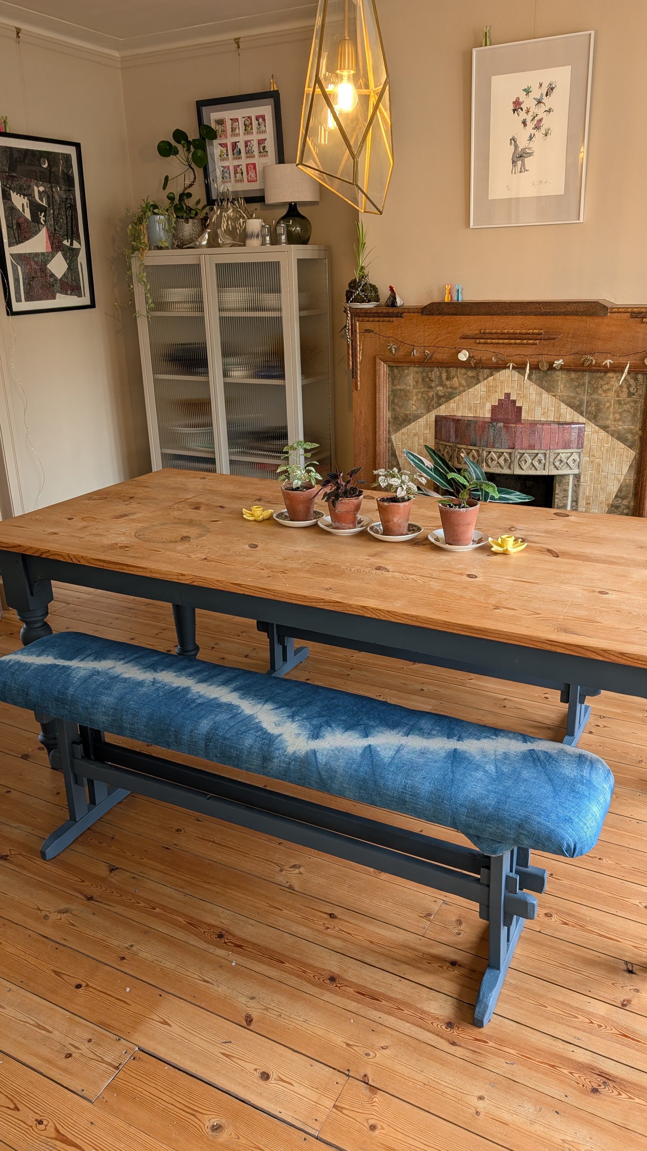 Shibori upholstered benches commission at table angled.jpg