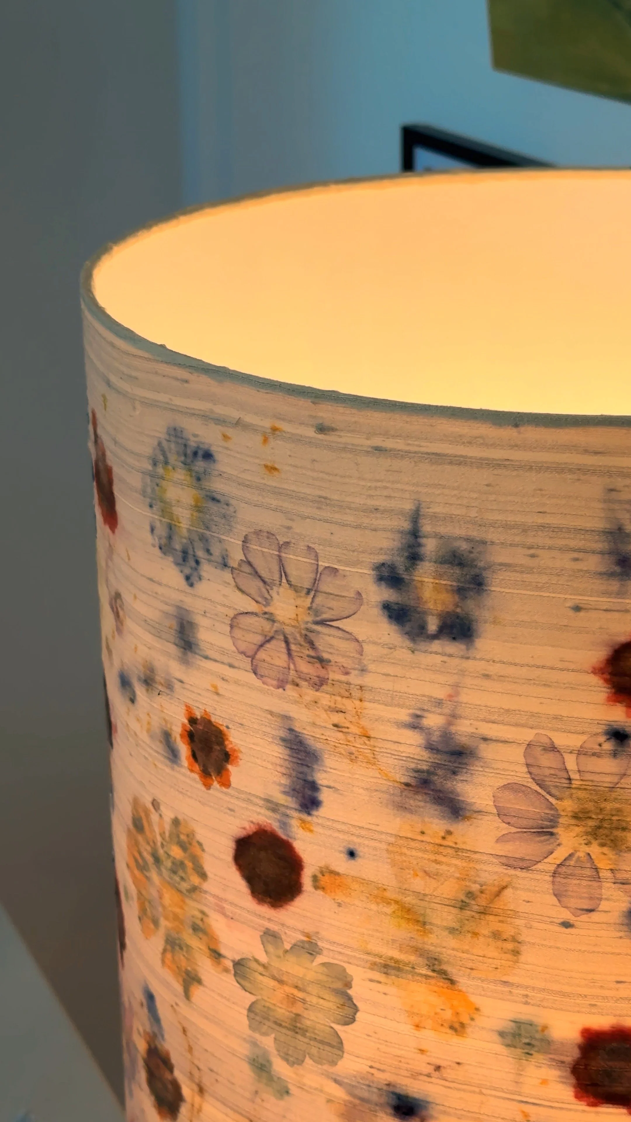 Tataki Zome lampshade installed as table lamp top angled closeup.jpg