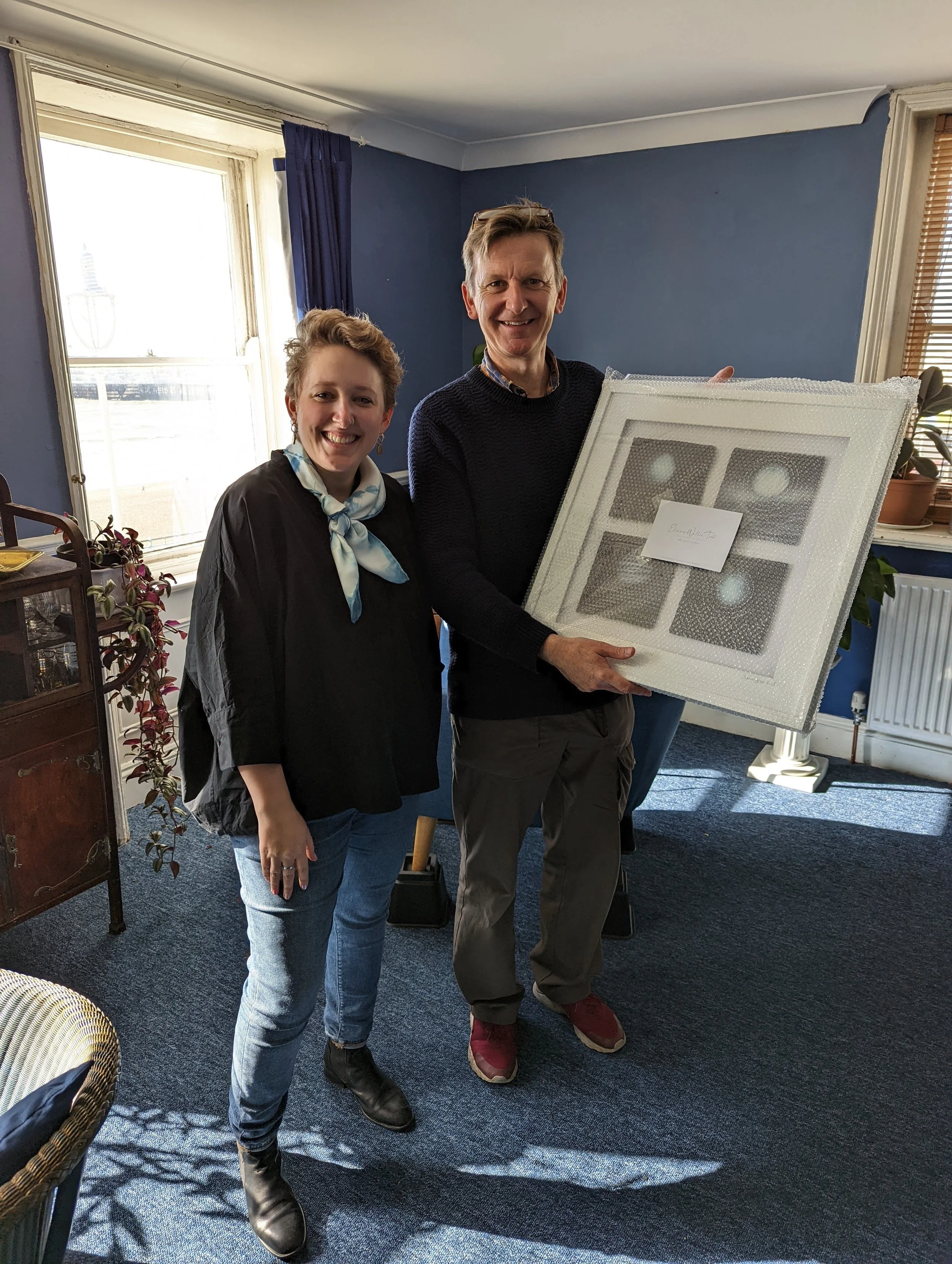 Brighton shibori sashiko commission framed with artist and commissioner.jpg