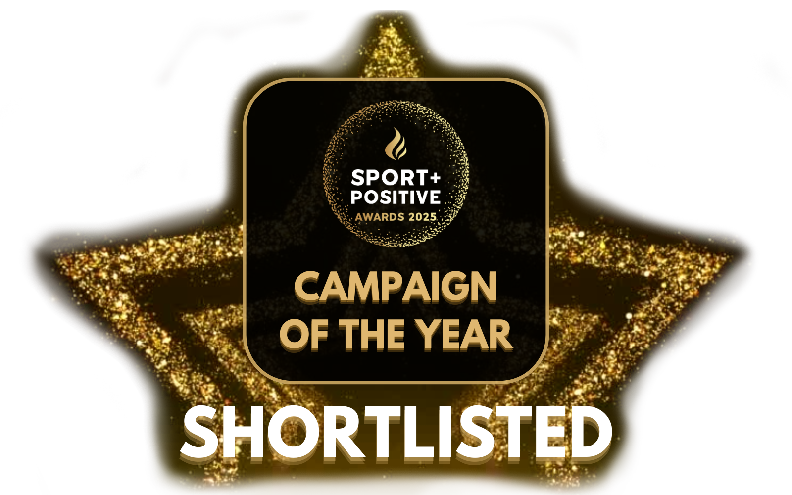 Golden glittery image celebrating Sport Positive Awards 2025, with a circular emblem at the top reading
