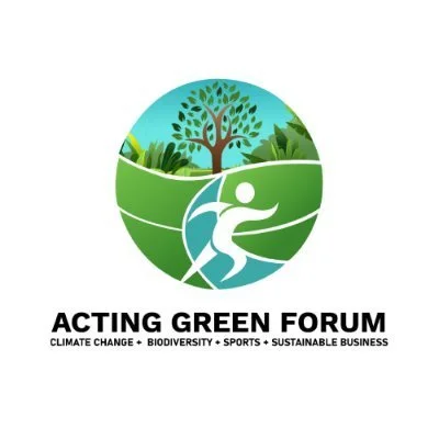 Logo of Acting Green Forum featuring a stylized figure running in front of a landscape with a tree and greenery, with text promoting climate change, biodiversity, sports, and sustainable business.