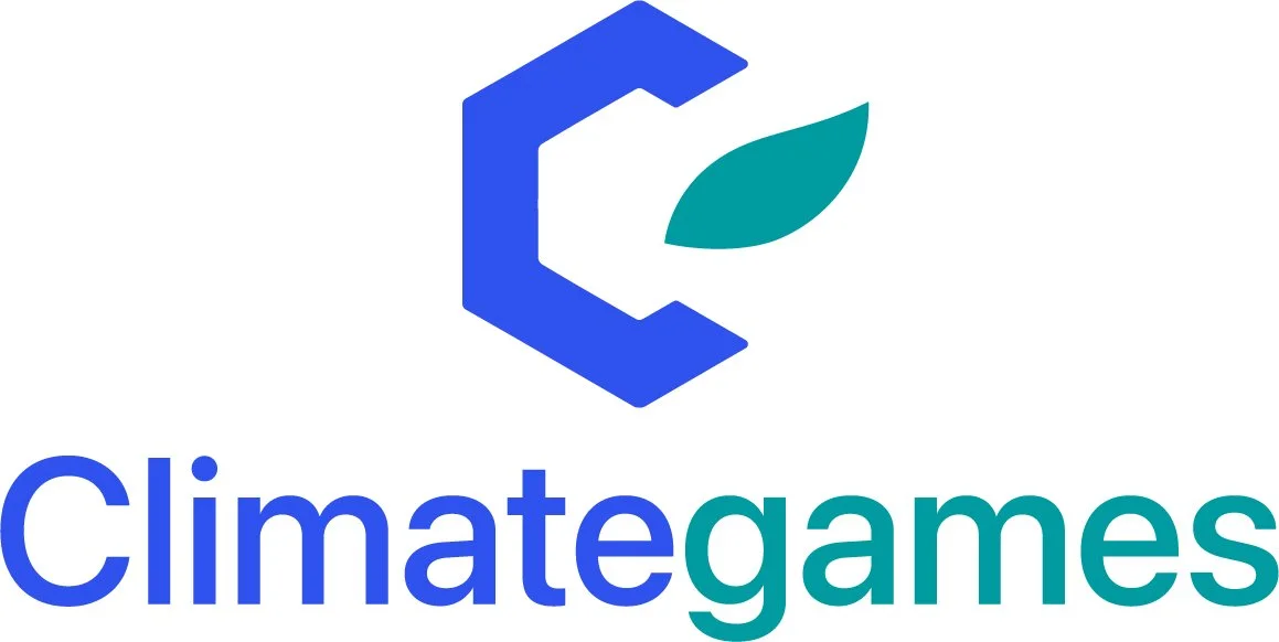 Logo with a hexagon outline and a leaf shape inside, paired with the text 'Climategames' in blue and green.