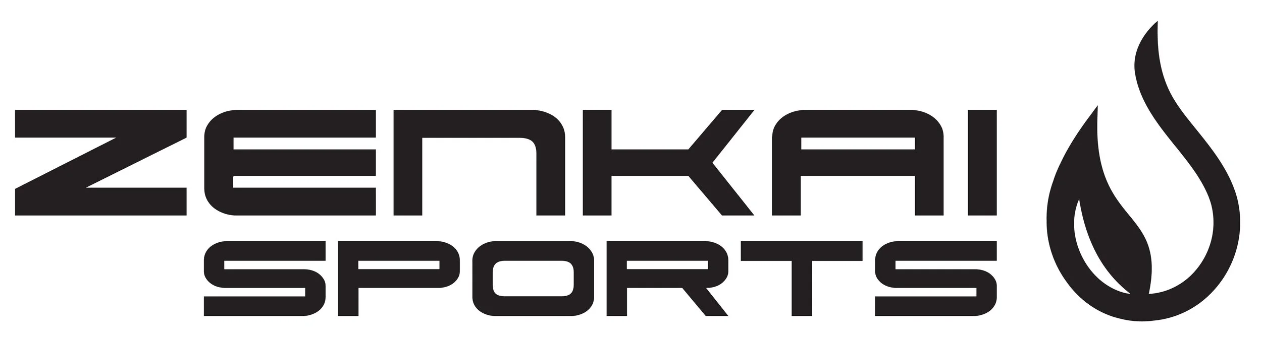 Zenkai Sports logo with black text and a stylized flame icon on the right.