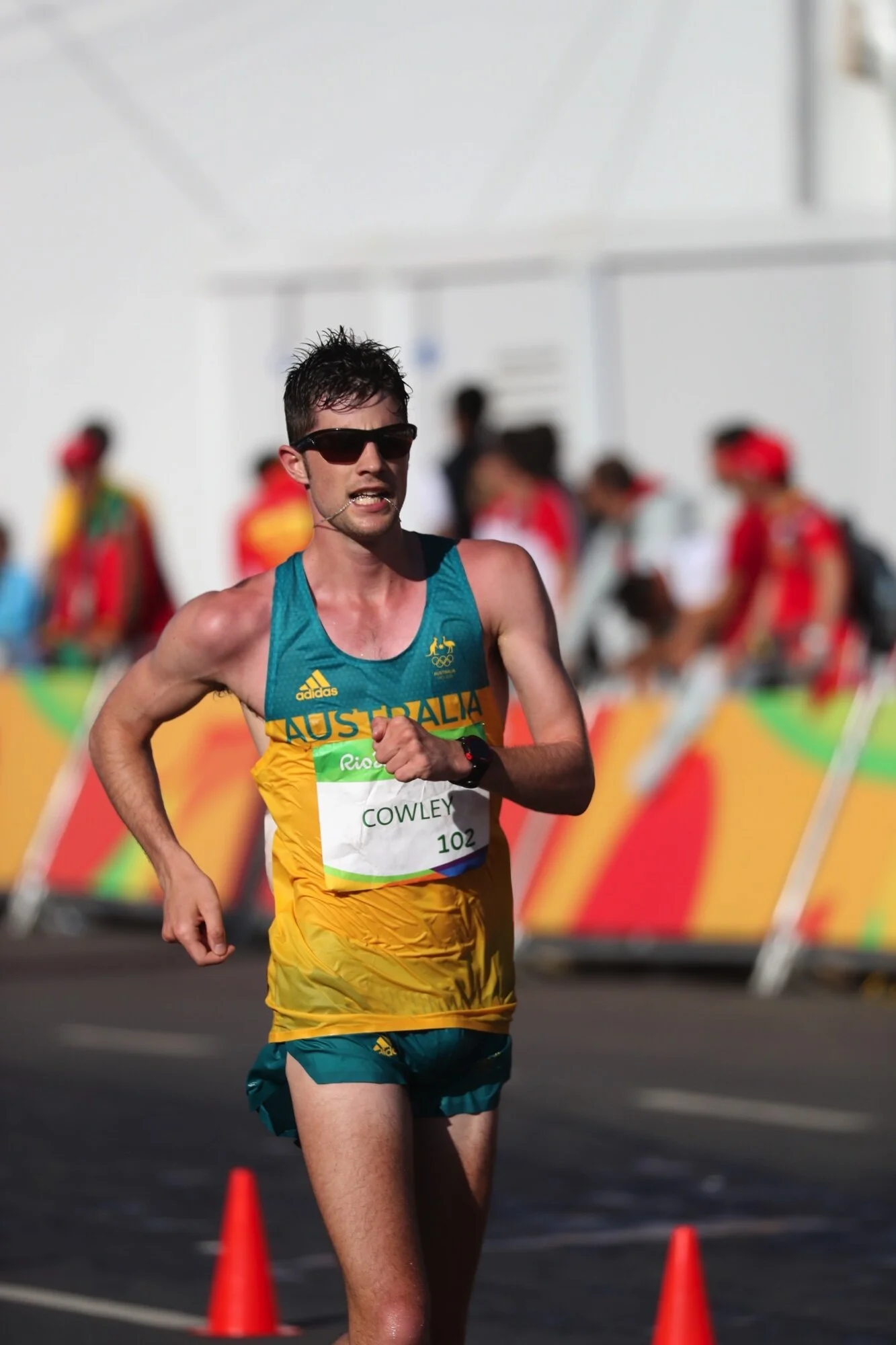 Rhydian Cowley competing for Australia in the 20km walk at the 2016 Rio Olympics