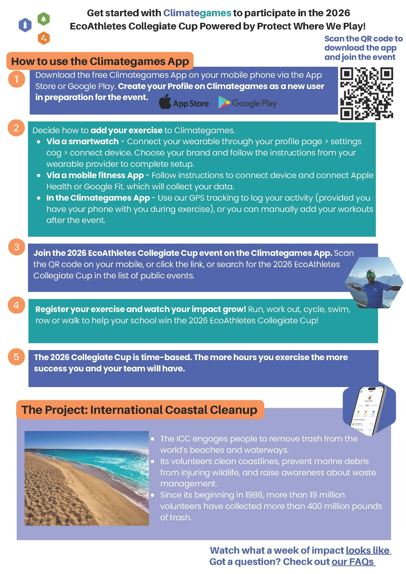 Informational flyer about Climategames app and 2026 EcoAthletes Collegiate Cup, with instructions for participation, a photo of a person in outdoor sports gear, and an image of a beach.