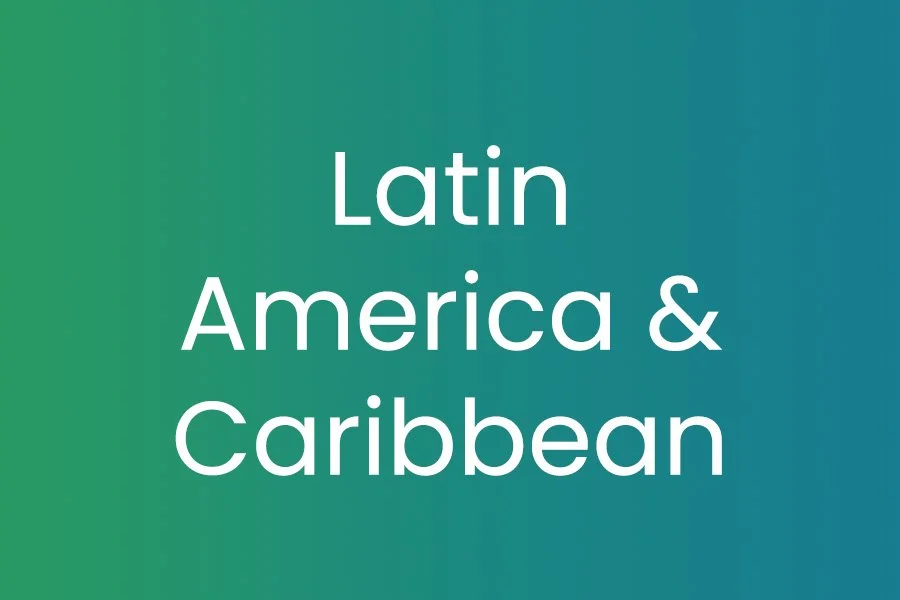 Green and blue gradient background with white text reading "Latin America & Caribbean"