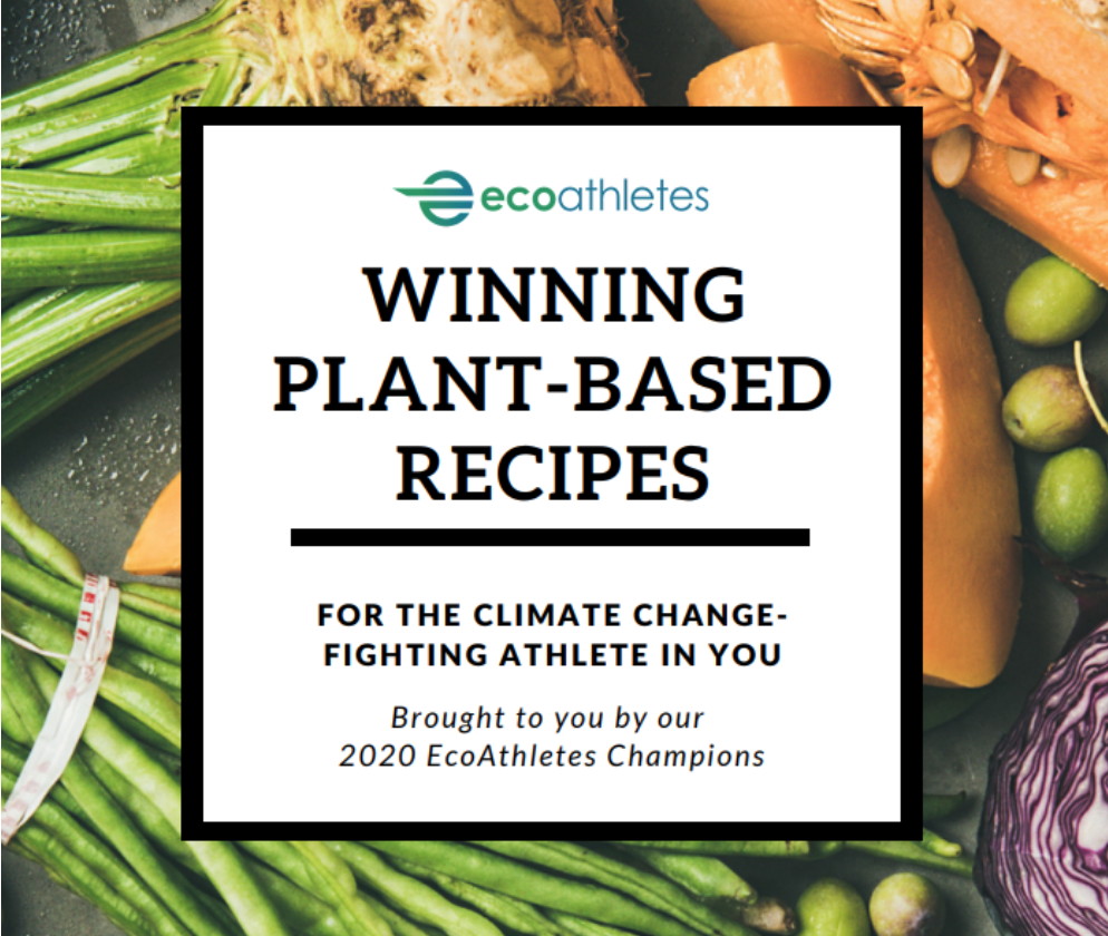 Book cover titled 'Winning Plant-Based Recipes for the Climate- Fighting Athlete in You' by EcoAthletes, surrounded by fresh vegetables including asparagus, zucchini, and pumpkin.
