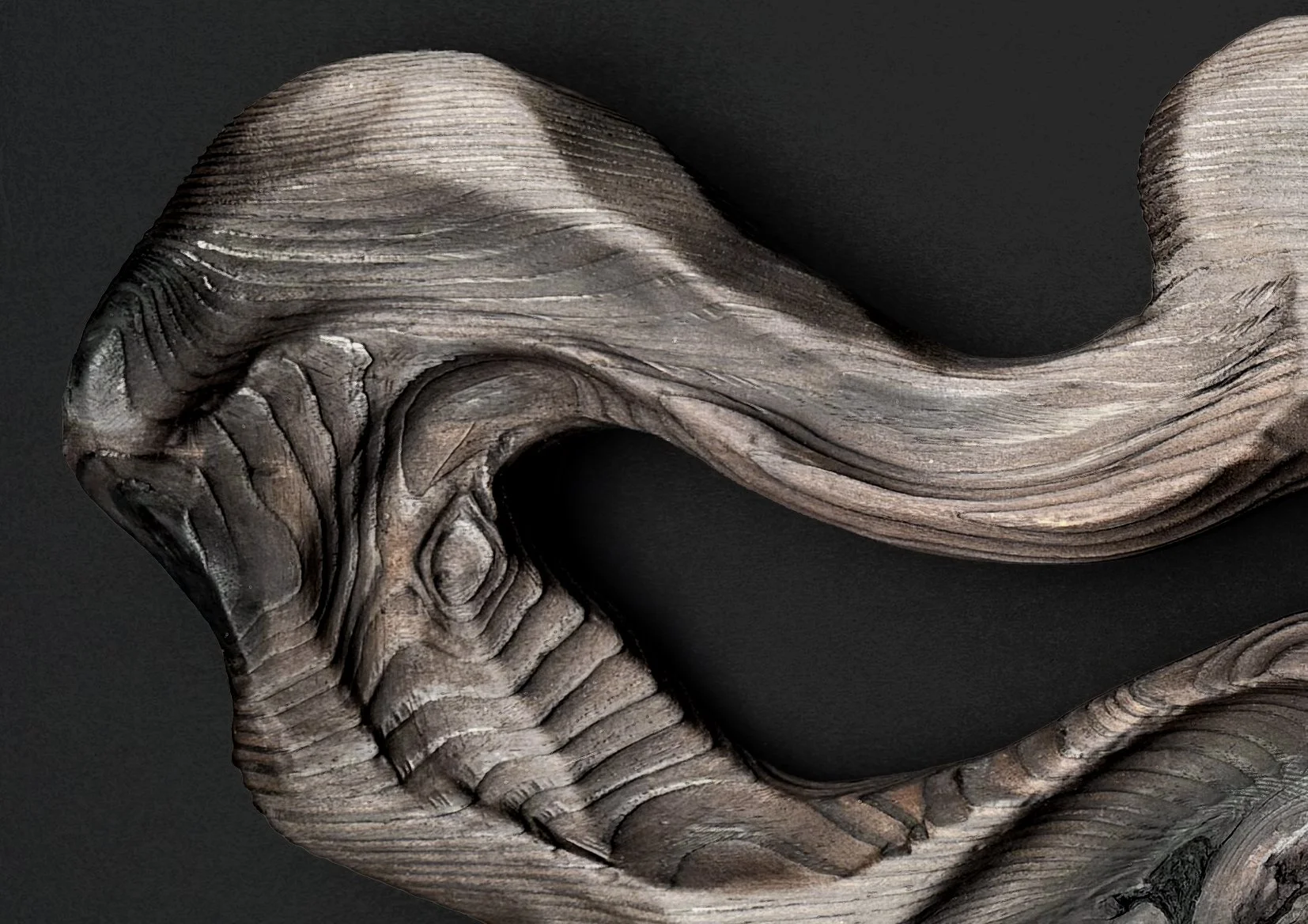 Close-up of a wooden sculpture resembling an elephant's trunk and head, crafted with detailed wood grain and carved features.