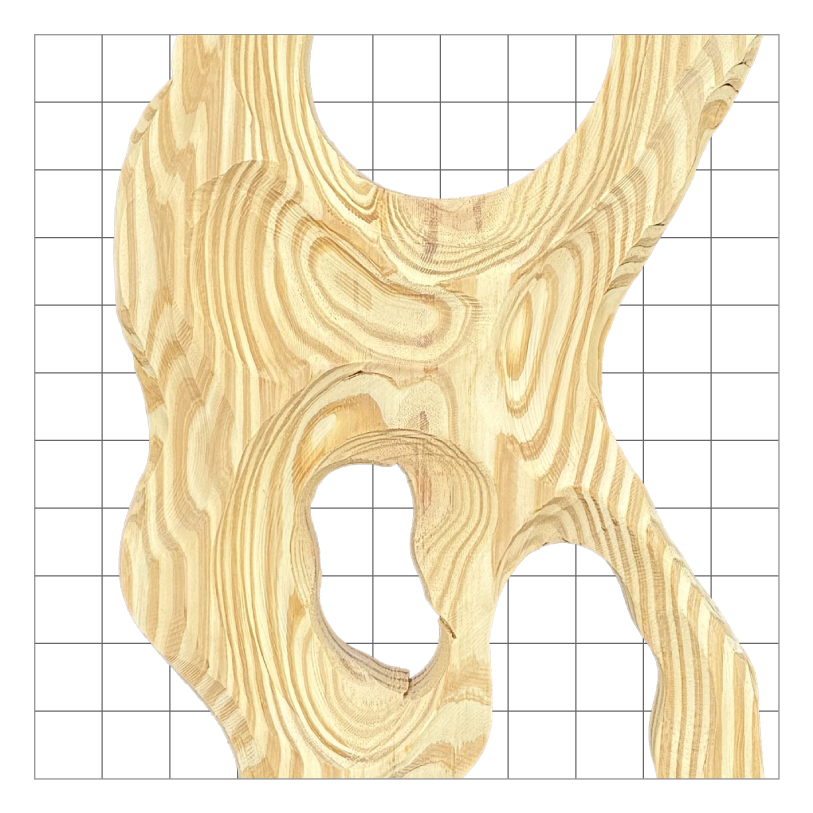An abstract piece of wood with natural swirling grain patterns and irregular holes, resembling a sculptural art piece.
