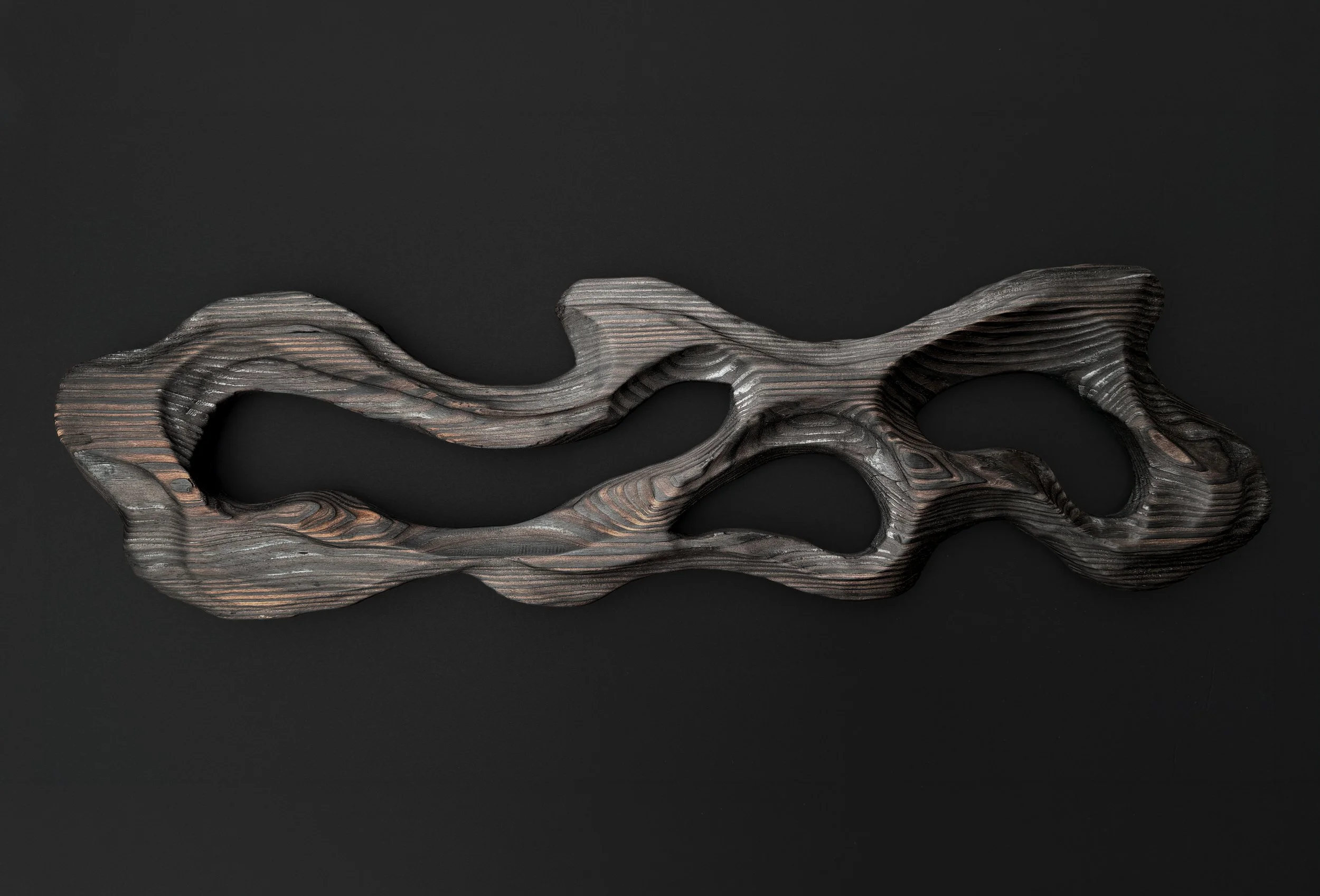 A dark, textured wooden sculpture with organic, flowing shapes and multiple hollow sections placed on a black background.