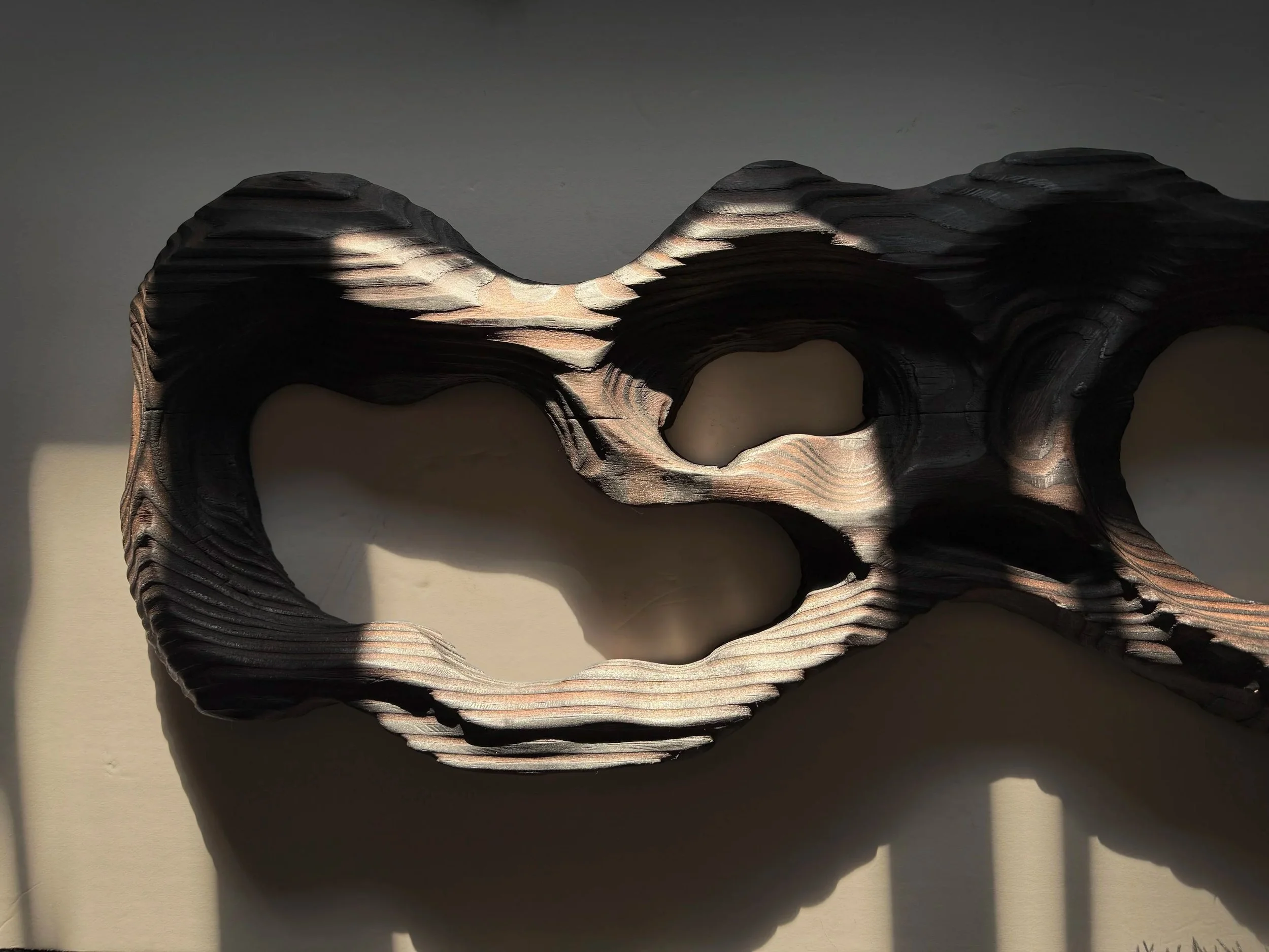 A wooden heart-shaped sculpture with intricate layered, wavy textures, casting a shadow on a light background.