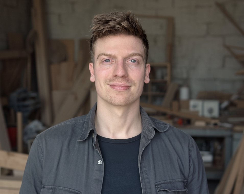 A young man with light skin, short brown hair, and blue eyes standing in a woodworking workshop or garage with wood and tools in the background, smiling slightly at the camera.