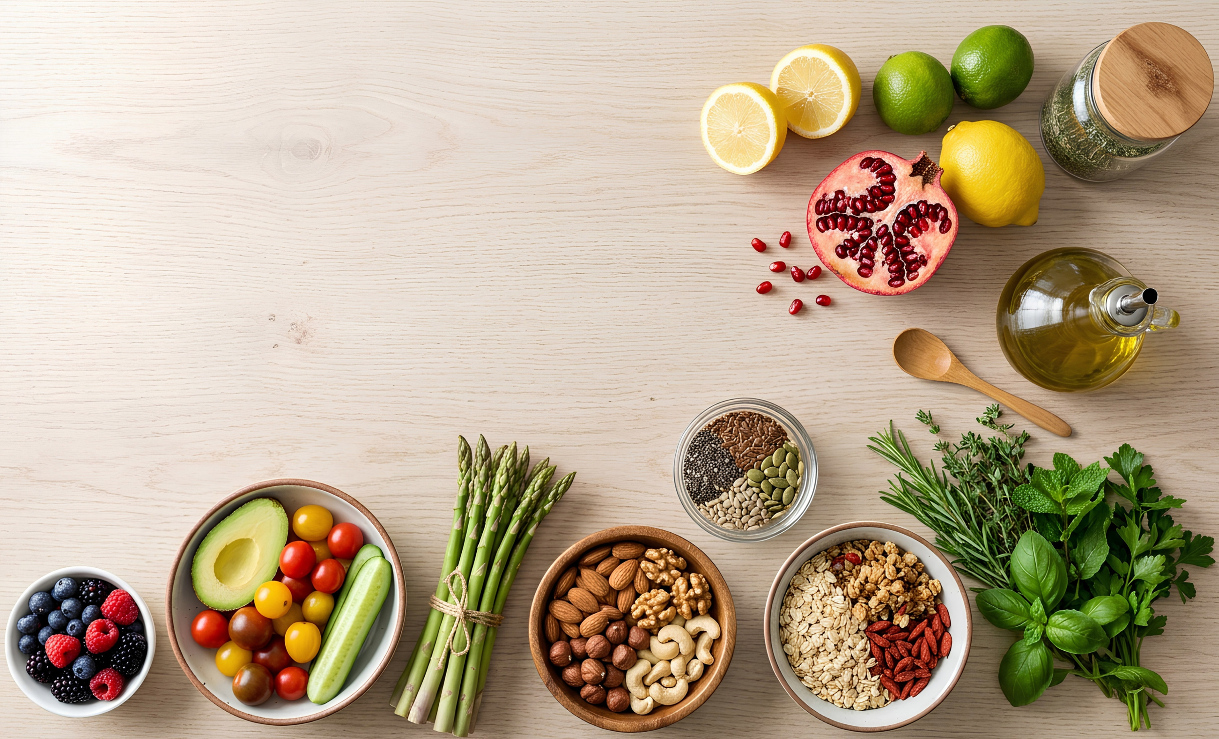A variety of fresh fruits, vegetables, nuts, seeds, grains, and herbs arranged on a light wooden surface, including lemon, lime, pomegranate, cherry tomatoes, avocado, blueberries, raspberries, sunflower seeds, almonds, walnuts, cashews, dried goji berries, and green herbs.