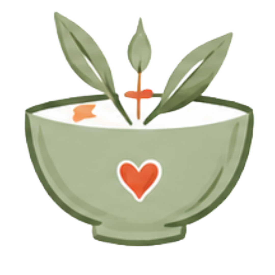Stylized green bowl with a red heart on the front, containing a small plant with three leaves growing from a white surface.