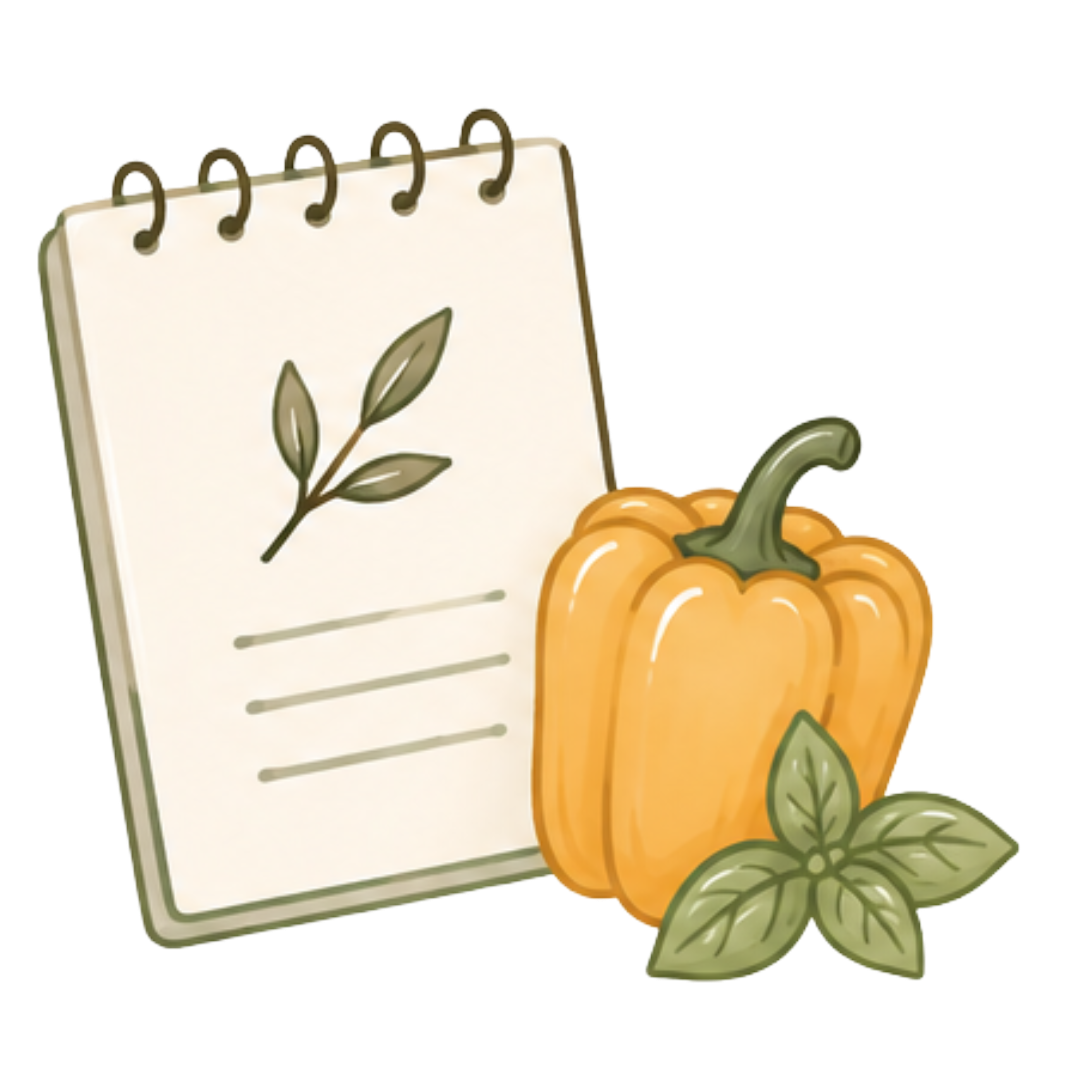 Illustration of a notepad with a leaf drawing, an orange pumpkin, and basil leaves.