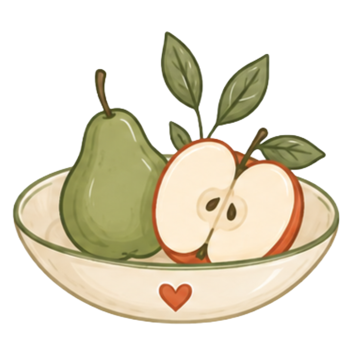 A bowl with a whole pear and a half of apple with leaves, on a white dish with a small red heart.