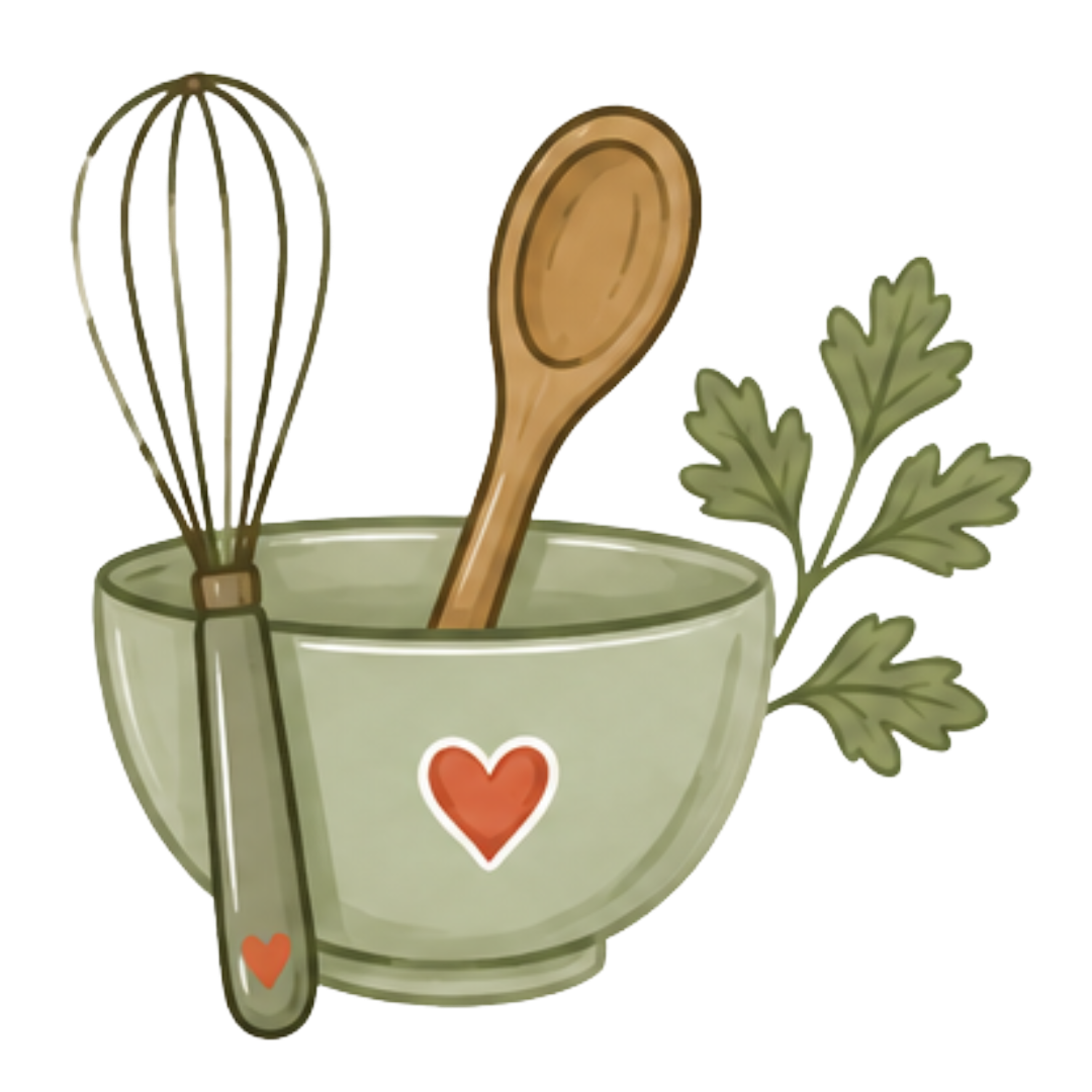 Illustration of a green mixing bowl with a red heart, a wooden spoon, a whisk, and parsley leaves inside.