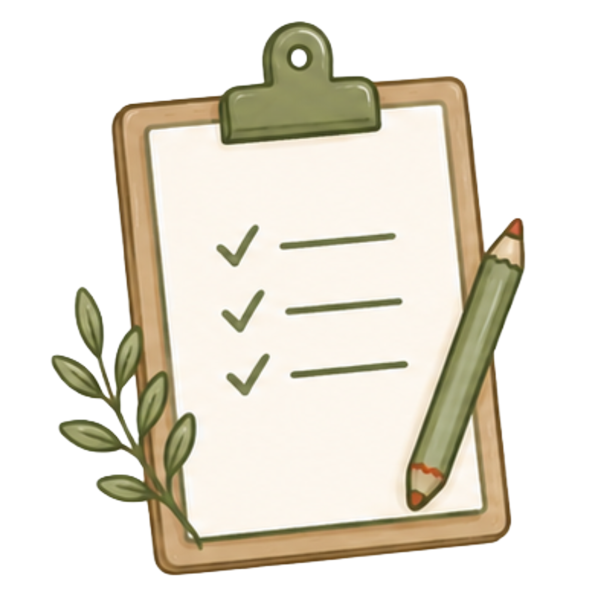 A clipboard with a white sheet of paper with three checkmarks and lines next to them, a pencil resting on the paper, and a small green leafy branch attached to the bottom left corner.