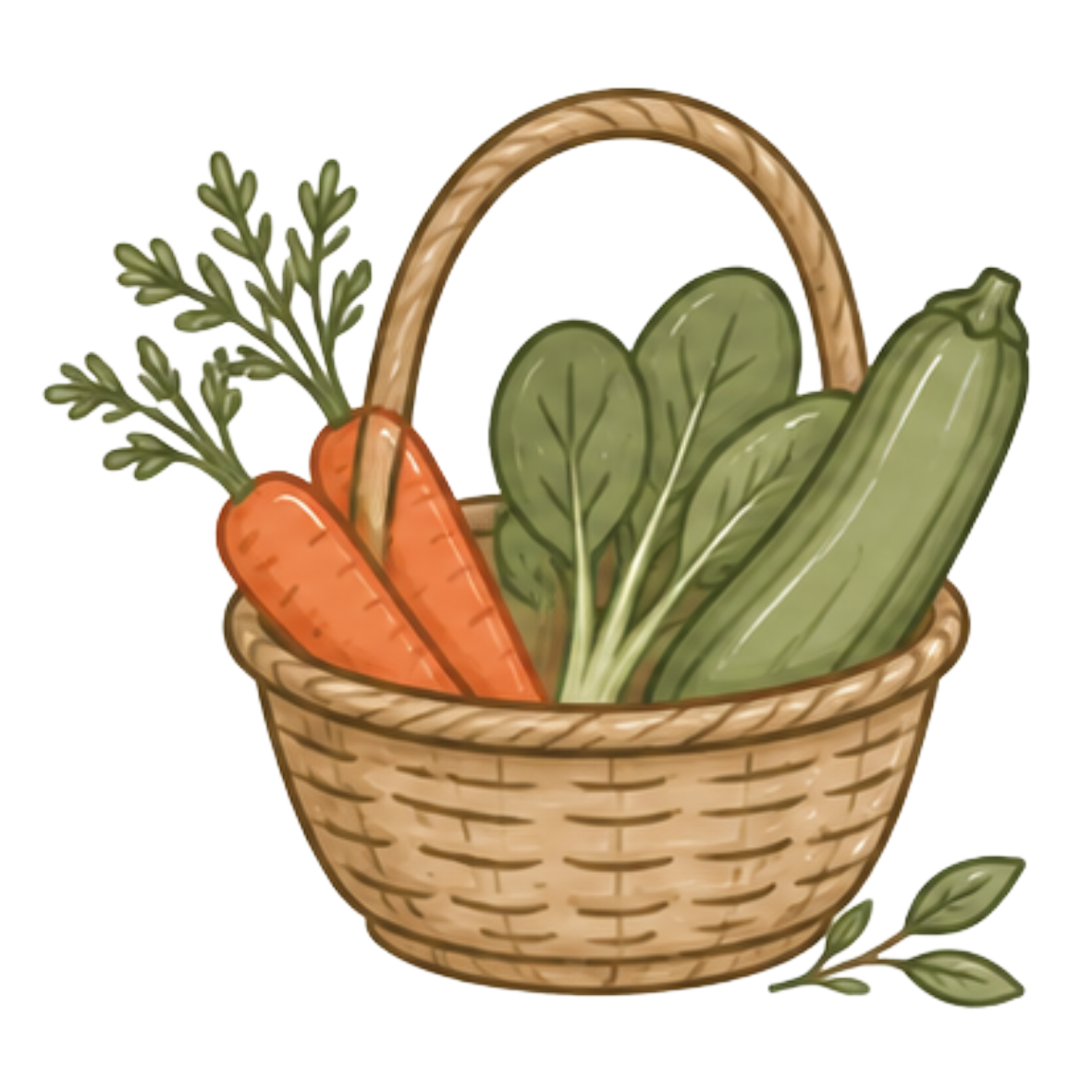 A wicker basket containing carrots, leafy greens, cucumber, and zucchini.