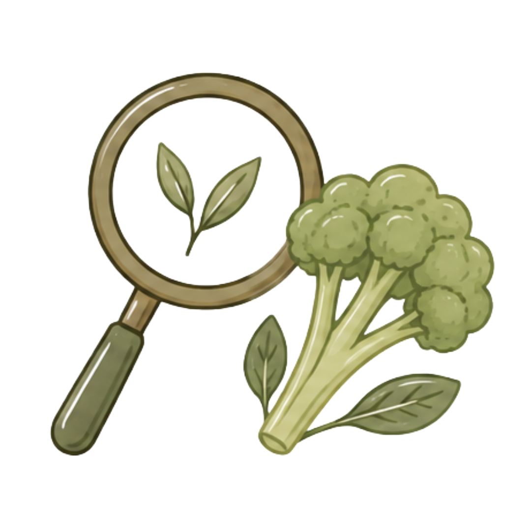 Illustration of a bunch of broccoli, a magnifying glass with a leaf inside, and two individual leaves.