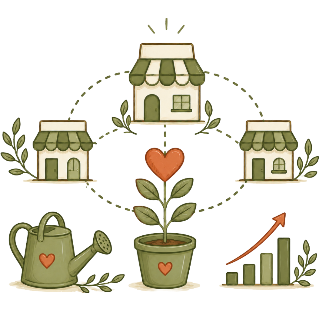 Illustration of three small houses with green roofs, a potted plant with a heart-shaped flower, a watering can with a heart, and a bar graph with an upward arrow, all surrounded by green leaves.