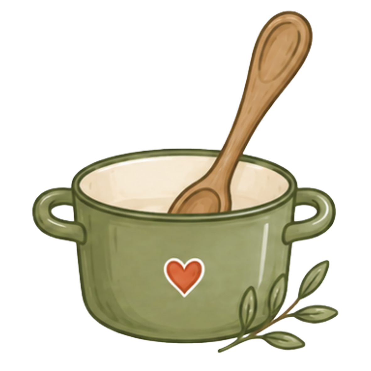 A green cooking pot with two handles, a small red heart on the front, and a branch with leaves attached to the side. Inside the pot, there is a wooden spoon resting upright.