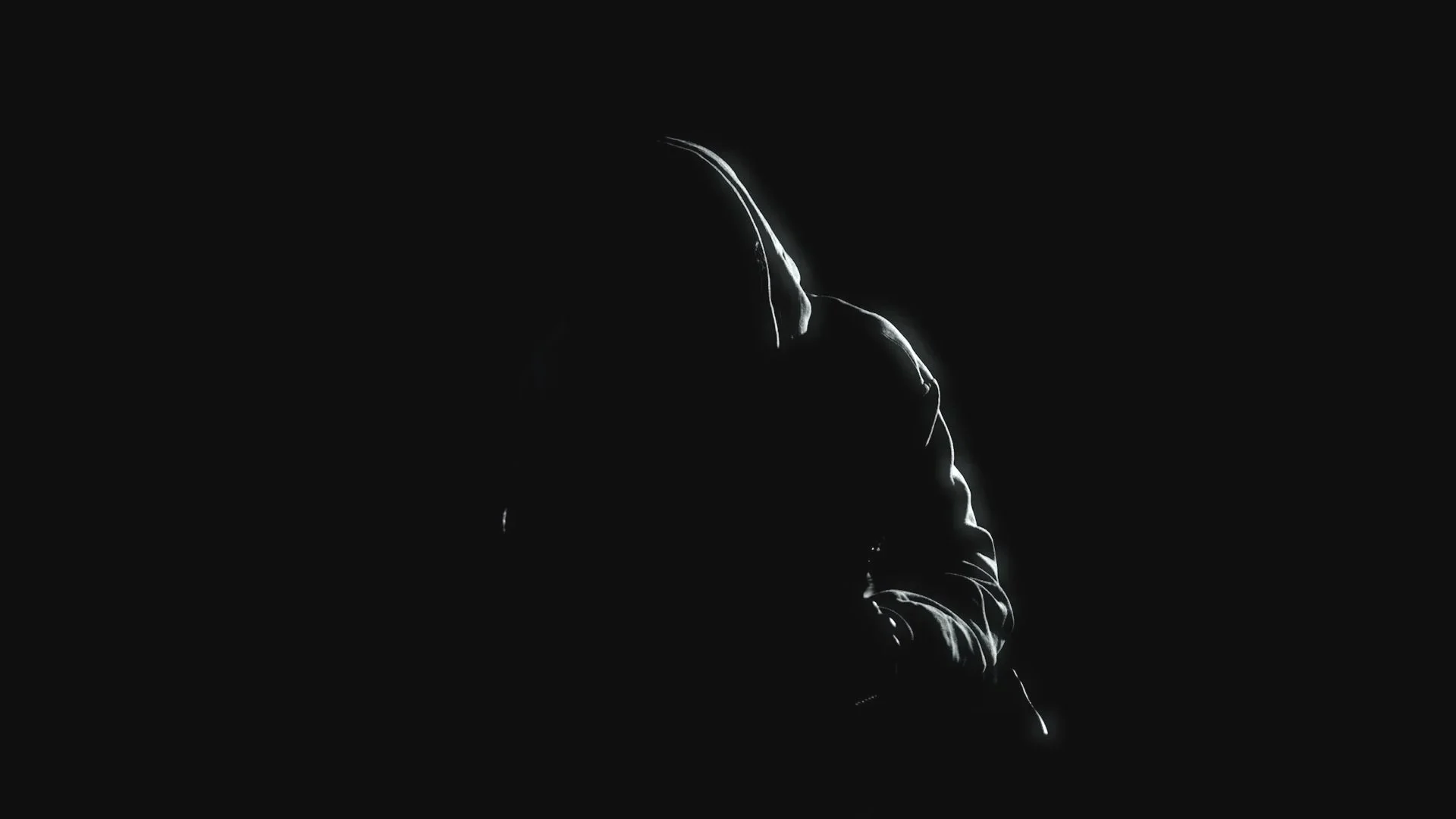 Silhouette of a person wearing a hoodie against a dark background, with light highlighting the outline of their face and clothing.