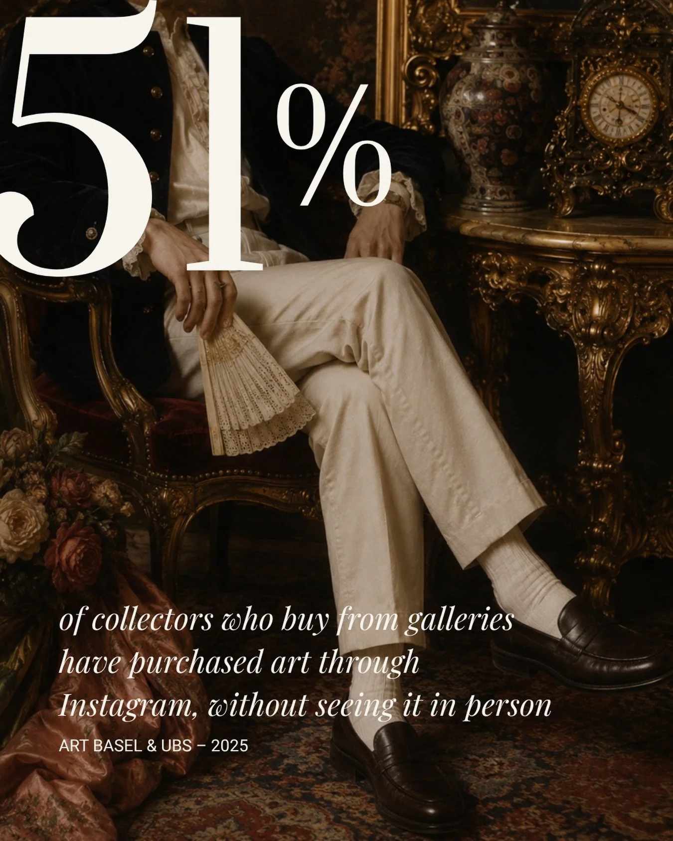 Over half of collectors are buying work without ever standing in front of it. 

The room has changed shape. Scrolling has shifted from browsing to buying. 

Instagram is no longer just a discovery tool; a nice to have.

We put your artists and their 