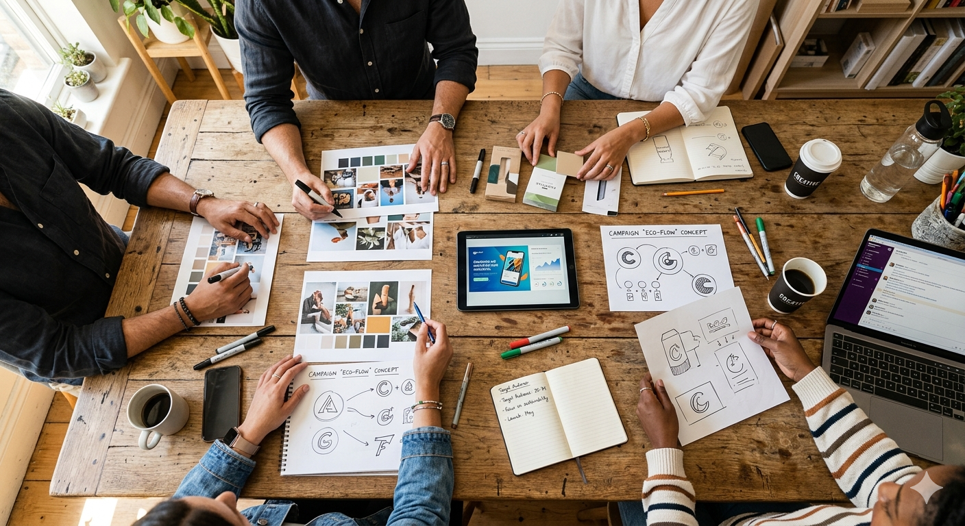 A group of five people sitting around a wooden table working on a branding or marketing project. The table is covered with sketches, notes, color palettes, a tablet displaying a presentation, notebooks, pens, coffee cups, a water bottle, and a laptop. The scene is in a well-lit room with plants and bookshelves in the background.