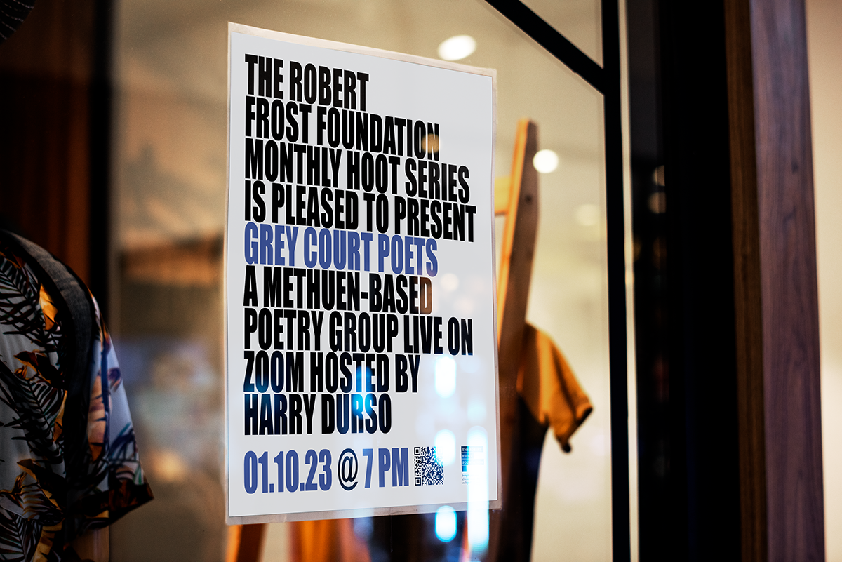 Sign announcing the Robert Frost Foundation Monthly Hoot Series featuring Grey Court Poets on Zoom, hosted by Harry Durso on January 10, 2023, at 7 PM.