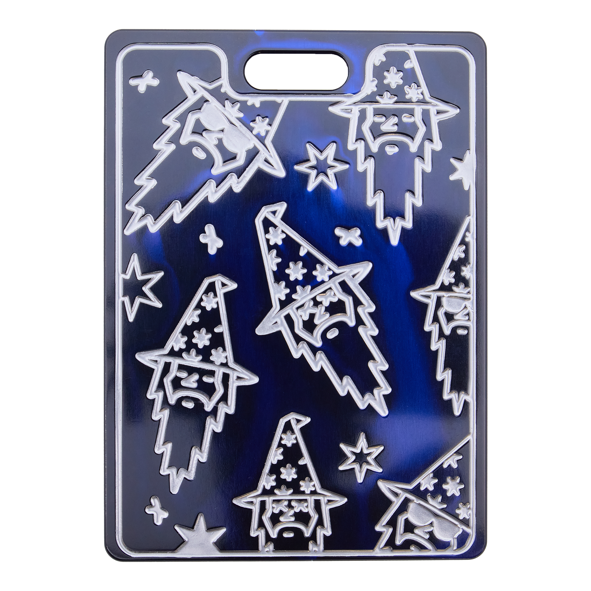 A metal light-up sign with various Christmas-themed shapes including snowflakes, stars, and Christmas trees, outlined in white LED lights against a dark background.
