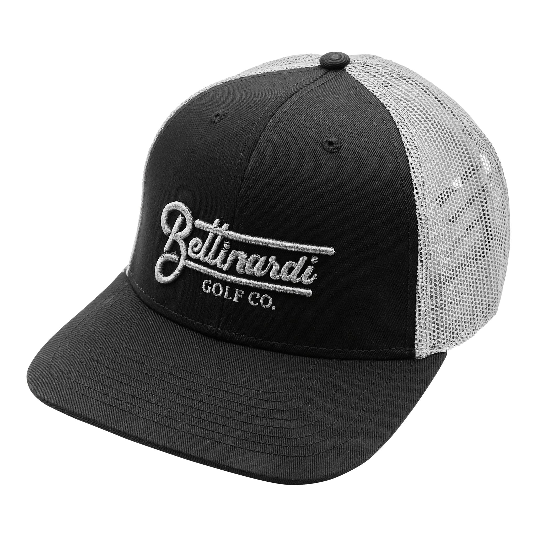 Black baseball cap with white mesh back and embroidered logo that says 'Reelfade Golf Co.'