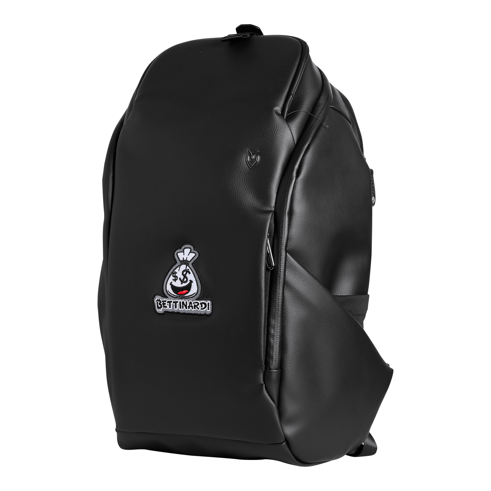 Black leather backpack with patches, including a smiling cartoon bomb and text reading 'Betinardi', against a black and gray background.