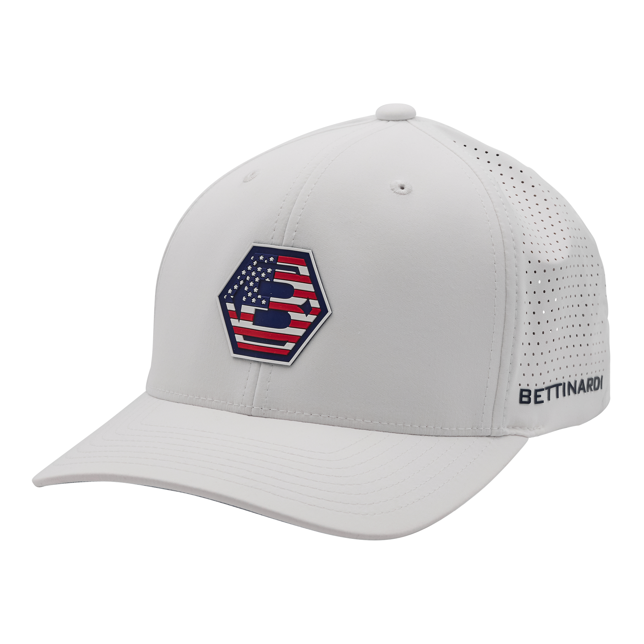 A white baseball cap with an 'USA' logo patch on the front, featuring an American flag design and the words 'VETTINARDI' on the side, against a black background.