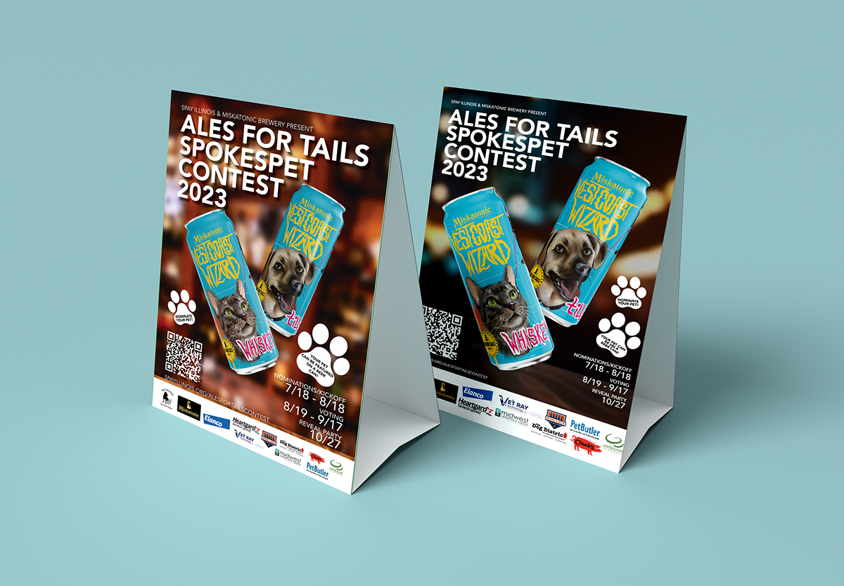 Two standing event flyers for the Ales for Tails Spokespet Contest 2023, featuring a dog and a cat on cans of beer, with various logos of sponsors at the bottom.