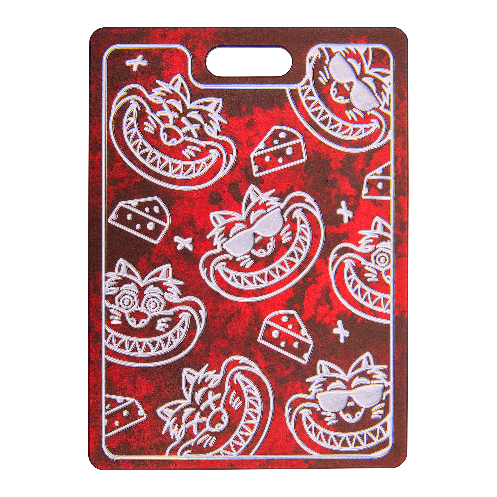 Neon sign with cartoon dragons, dice, and abstract shapes on a red background.